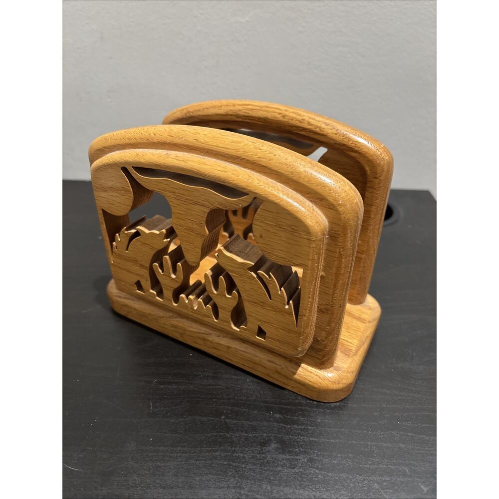 Vintage Carved Wood Napkin Holders, South West Theme, Wolves, Moon, Cacti